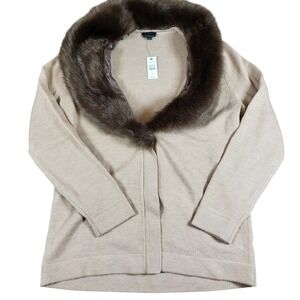 Talbots Cardigan Sweater Women's S Small Pure Merino‎ Wool Faux Fur Collar NWT